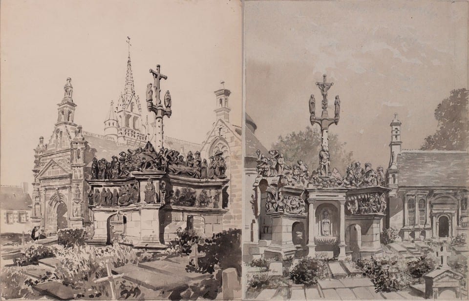 CALVAIRE DE GUIMILIAU 2 DESSINS ORIGINAUX 1900 Finistère enclos église ossuaire