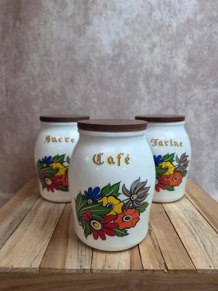 Lot de 3 pots à provisions vintage Brf – Café, Farine et Sucre – verre opalin