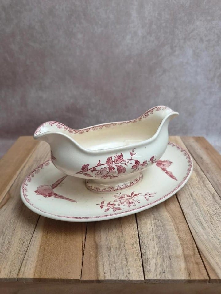 Saucière terre de fer Sarreguemines & Digoin Favori rose oiseaux ancienne