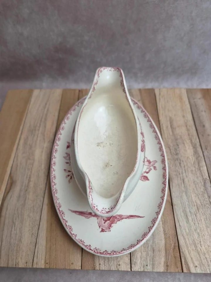 Saucière terre de fer Sarreguemines & Digoin Favori rose oiseaux ancienne — photo 3