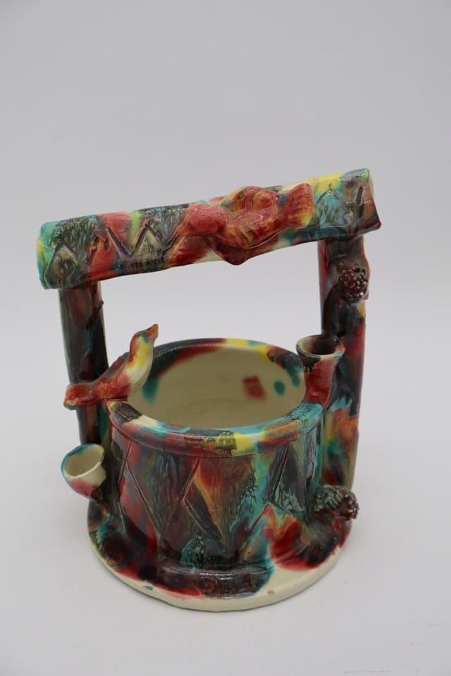 Cache-pot jardinière Vallauris en céramique polychrome décor oiseaux