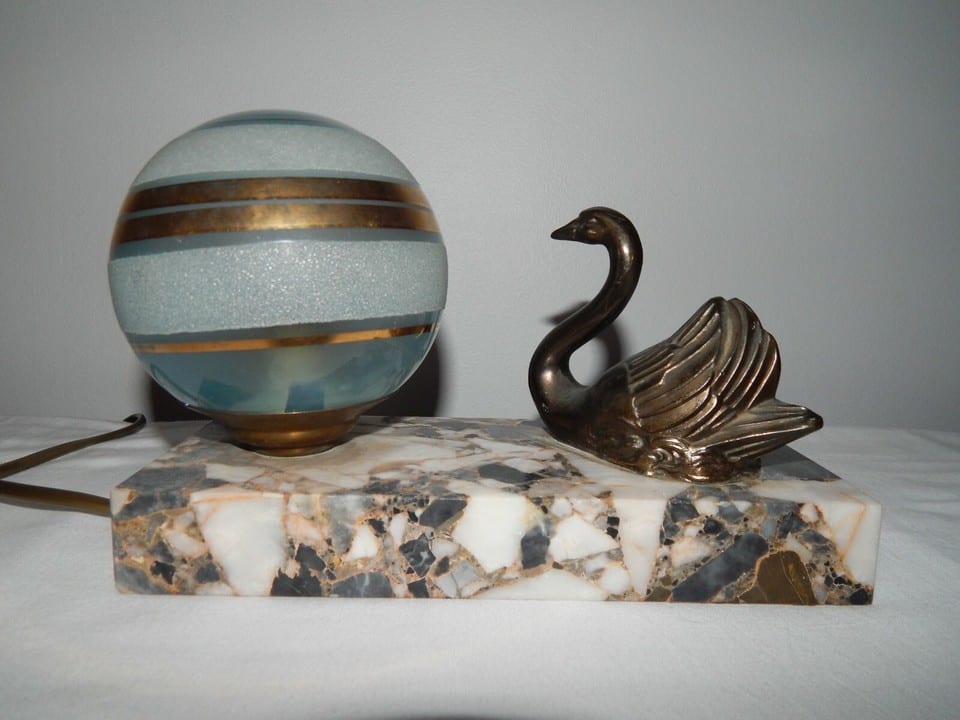 ANCIENNE Lampe VEILLEUSE Chevet Art Déco Décor CYGNE en Régule Socle en MARBRE — photo 4