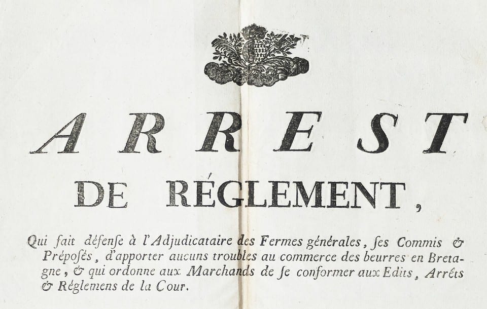 PLACARD 1786 Ephemera Rennes Arrêt de règlement concernant le commerce du beurre