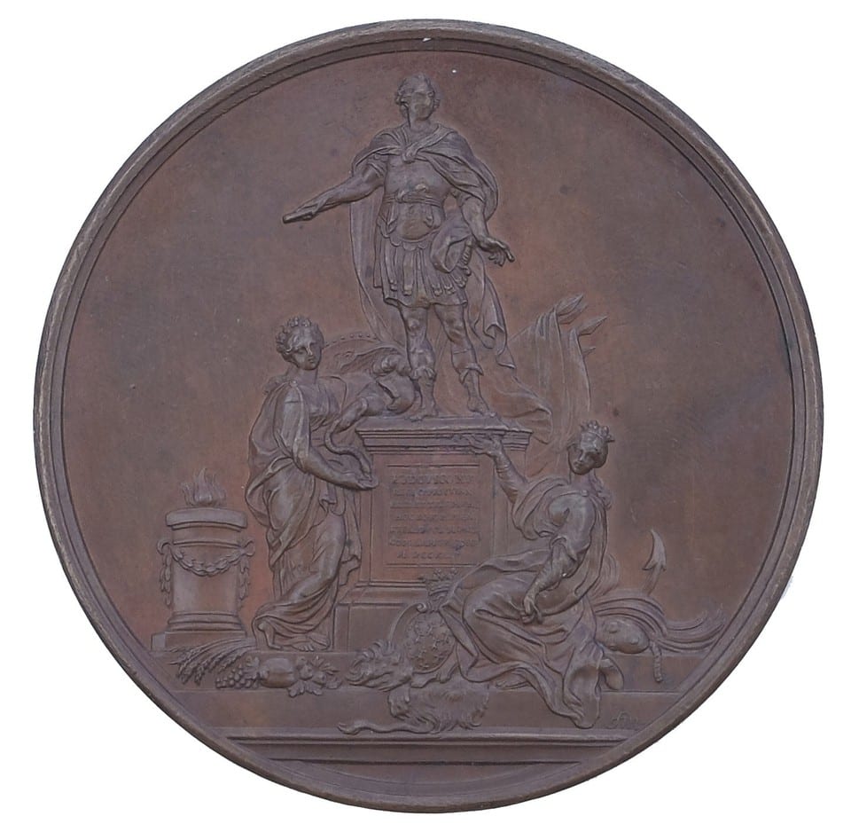 MÉDAILLE EN BRONZE F.J. MARTEAU c.1744 STATUE DE LOUIX XV À RENNES J.B. LEMOYNE