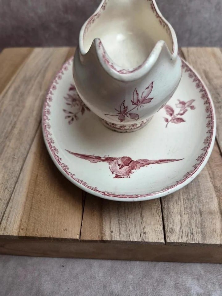 Saucière terre de fer Sarreguemines & Digoin Favori rose oiseaux ancienne — photo 4