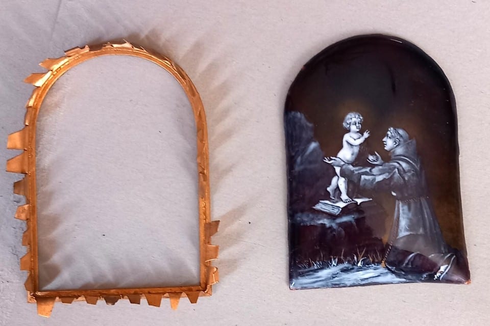 LIMOGE PLAQUE EMAIL GRISAILLE ST ANTOINE DE PADOUE TRIPTYQUE  MAISON PERISSE 19e — photo 4