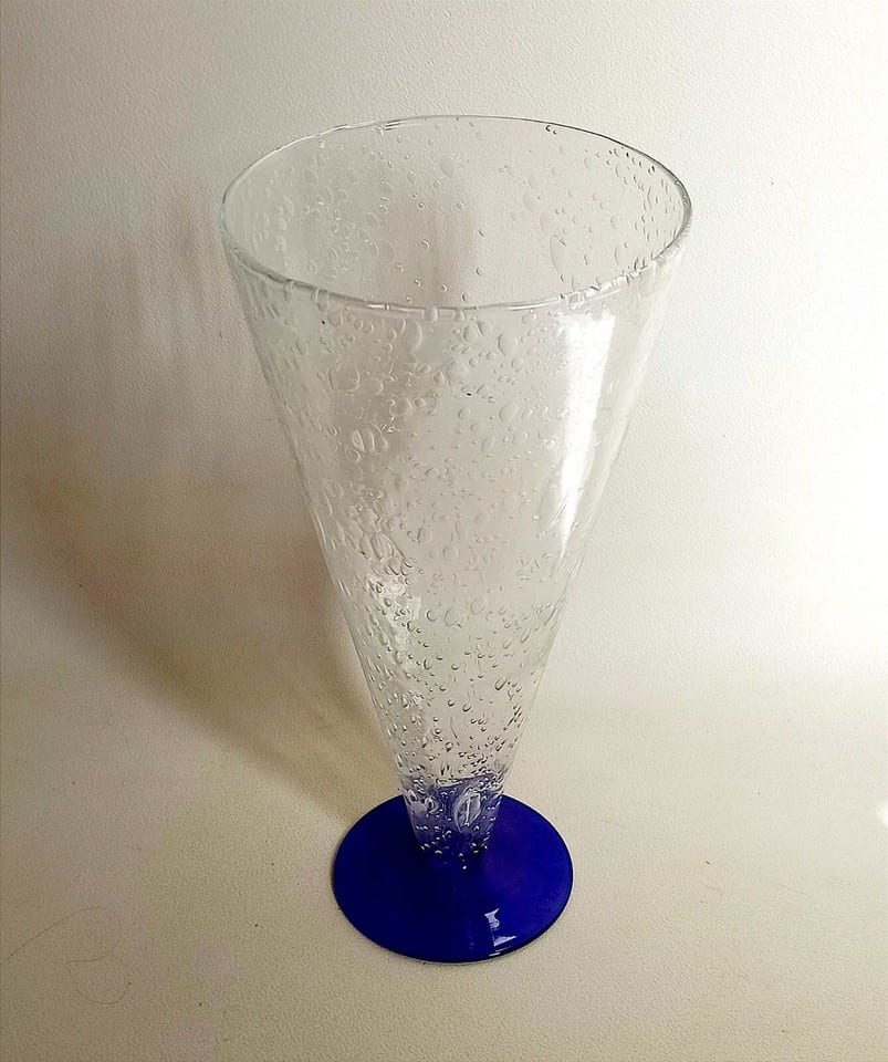 Grand calice verre bullé transparent & piètement bleu Hauteur 30,3 cm — photo 3