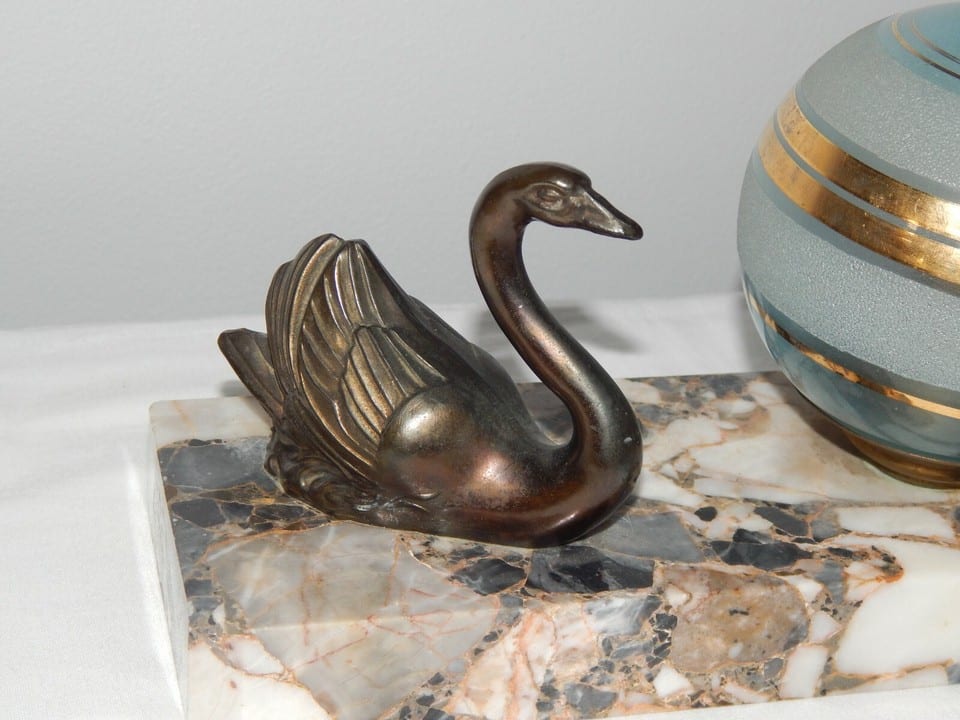 ANCIENNE Lampe VEILLEUSE Chevet Art Déco Décor CYGNE en Régule Socle en MARBRE — photo 6