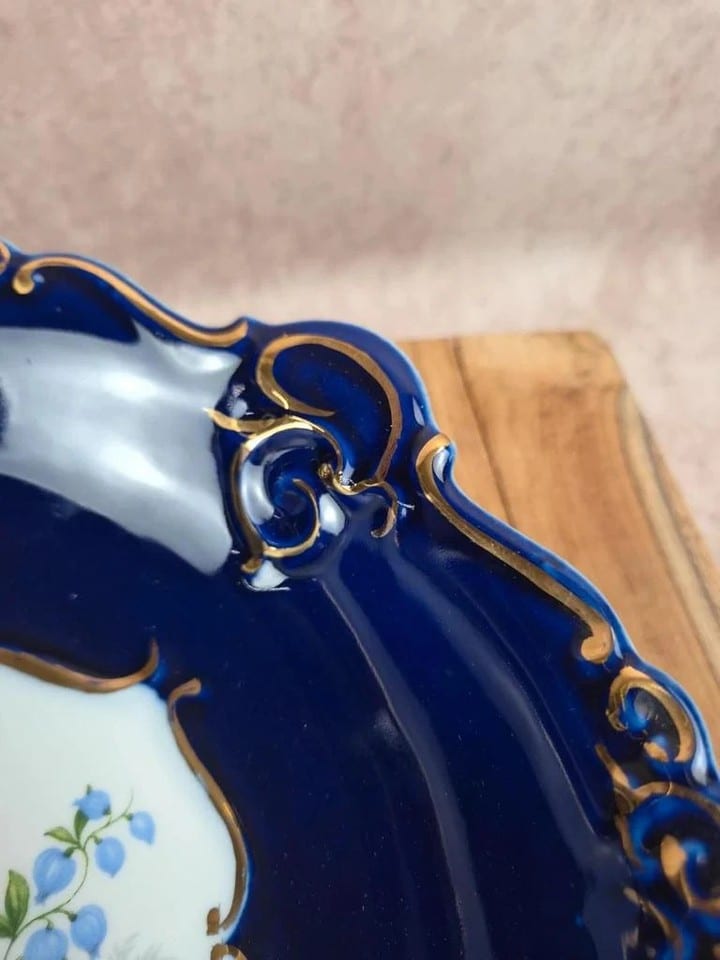 Saladier vintage en porcelaine Porfin Cluj-napoca – bleu cobalt et doré — photo 4