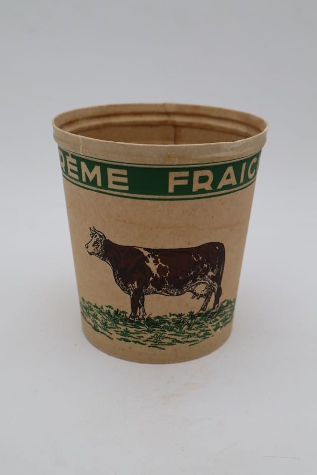 Pot à crème fraîche ancien en carton Mono-Service – Décor vache – Vintage