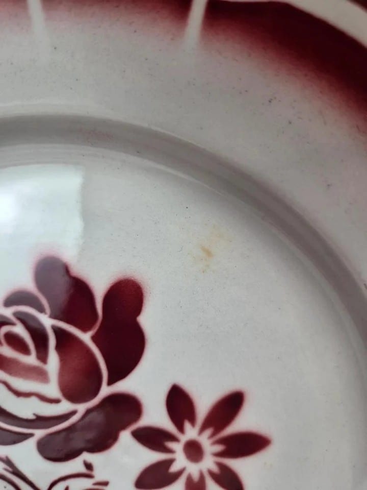 Lot de 6 assiettes plates anciennes Badonviller Fb – roses bordeaux — photo 5