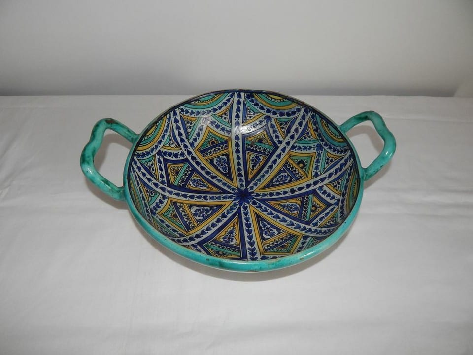 ANCIEN RARE Plat à 2 Anses Faïence Polychrome MAROC Safi Nabeul MOKHFIA GHOTA ?