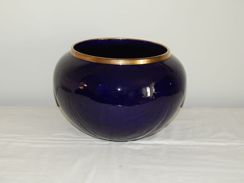 ANCIEN Grand CACHE POT Bleu Cobalt Signé Moulin des Loups Hamage France — photo 3