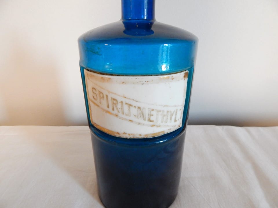 ANCIENNE BOUTEILLE FLACON de PHARMACIE Verre Bleu Porcelaine SPIRIT : METHYL : — photo 2