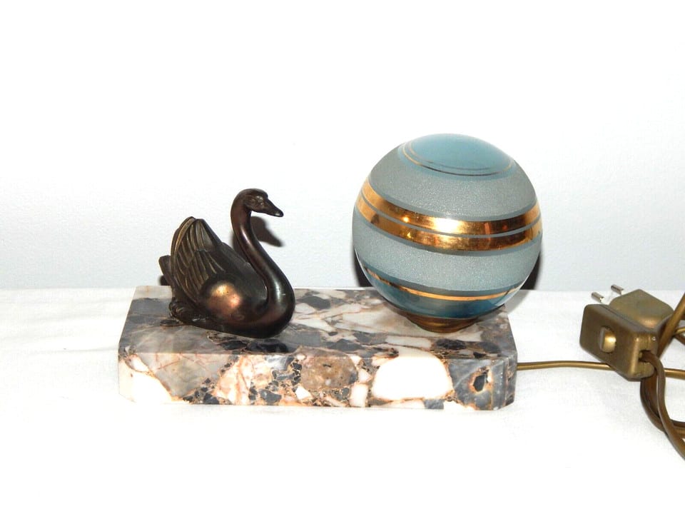 ANCIENNE Lampe VEILLEUSE Chevet Art Déco Décor CYGNE en Régule Socle en MARBRE