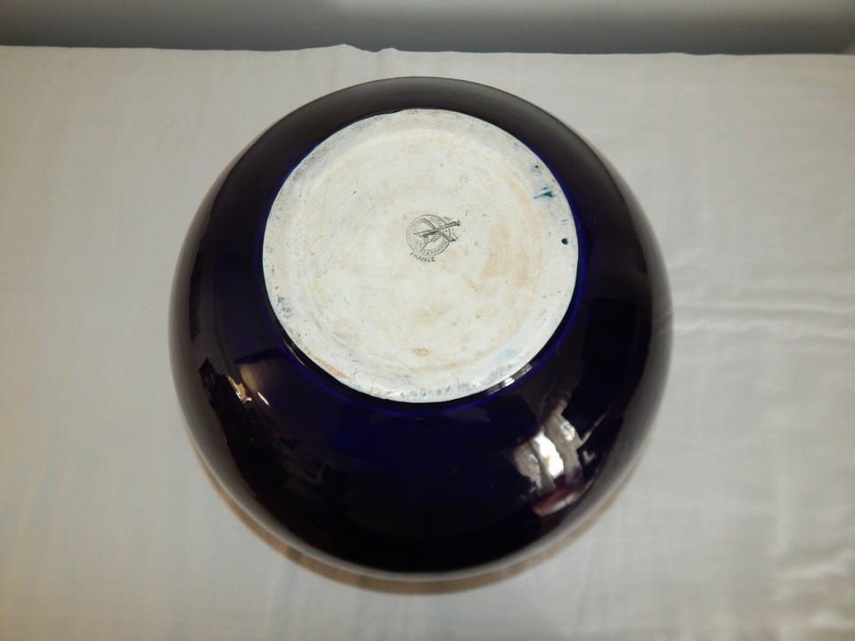 ANCIEN Grand CACHE POT Bleu Cobalt Signé Moulin des Loups Hamage France — photo 7