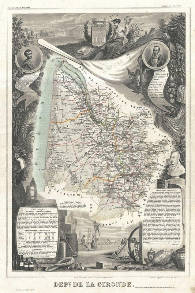 Gravure illustration réhaussée couleurs 86 départements et possessions de la