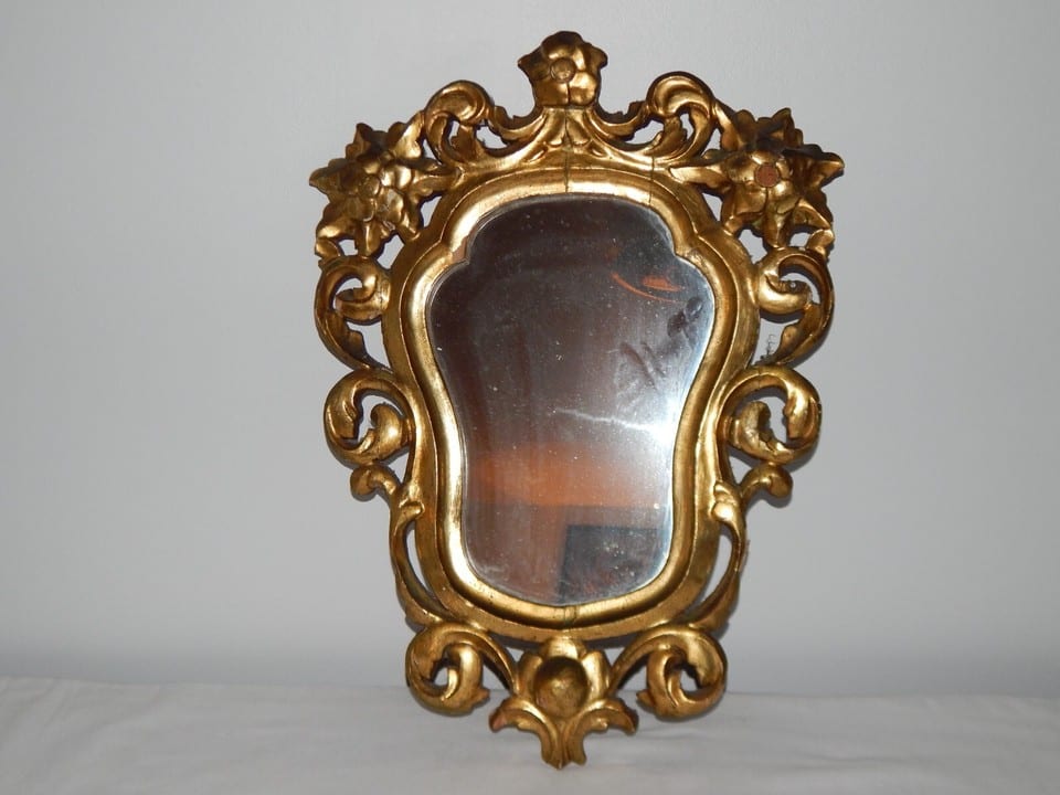 ANCIEN Grand MIROIR en Bois Doré à Décor Floral
