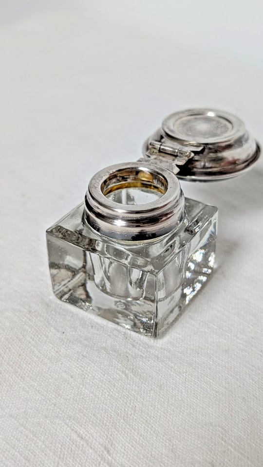 Ancien encrier en cristal et porte plume argent massif 925 Birmingham — photo 7