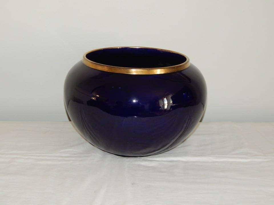 ANCIEN Grand CACHE POT Bleu Cobalt Signé Moulin des Loups Hamage France — photo 2