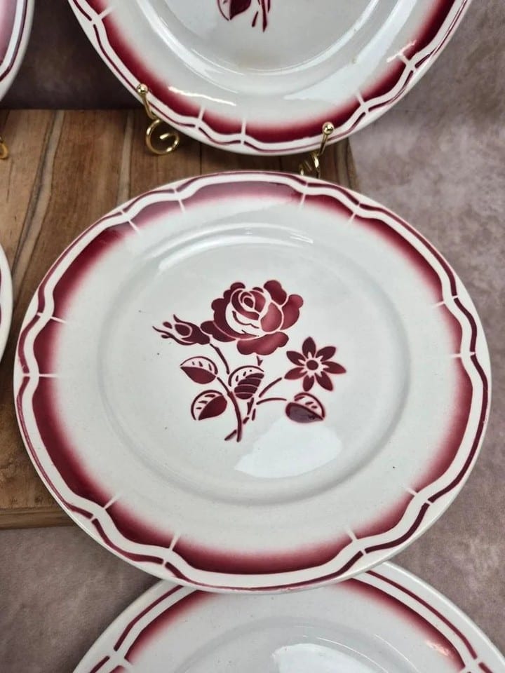 Lot de 6 assiettes plates anciennes Badonviller Fb – roses bordeaux — photo 7