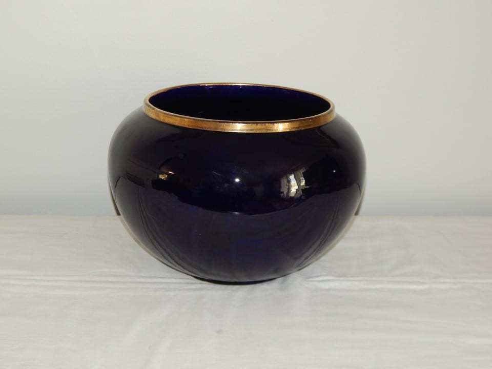 ANCIEN Grand CACHE POT Bleu Cobalt Signé Moulin des Loups Hamage France