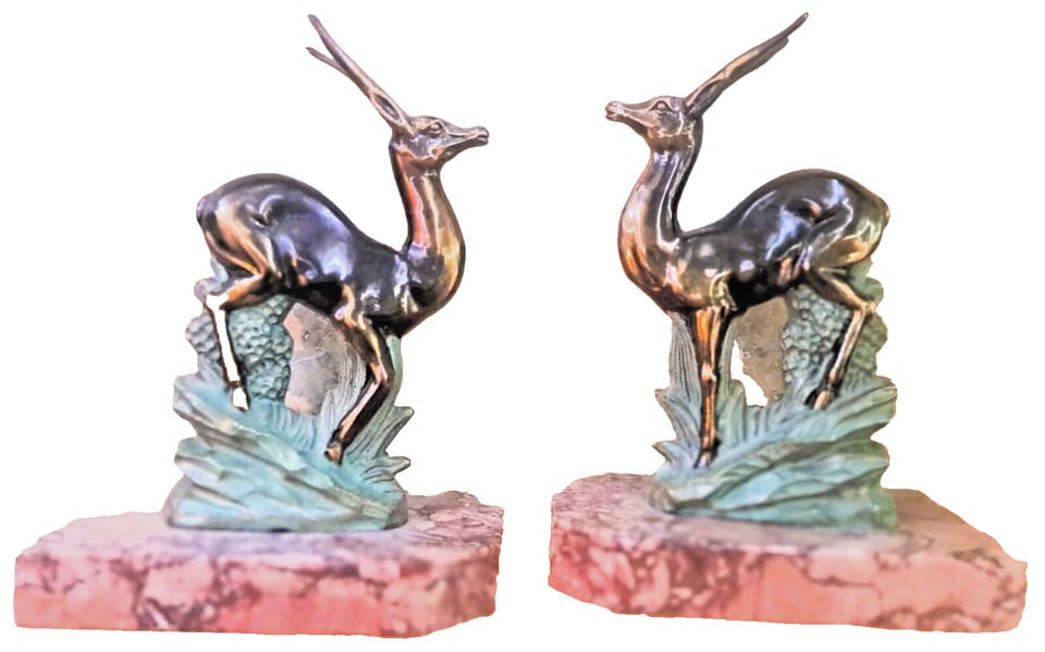 Sculpture serre livres art déco gazelles deux couleur