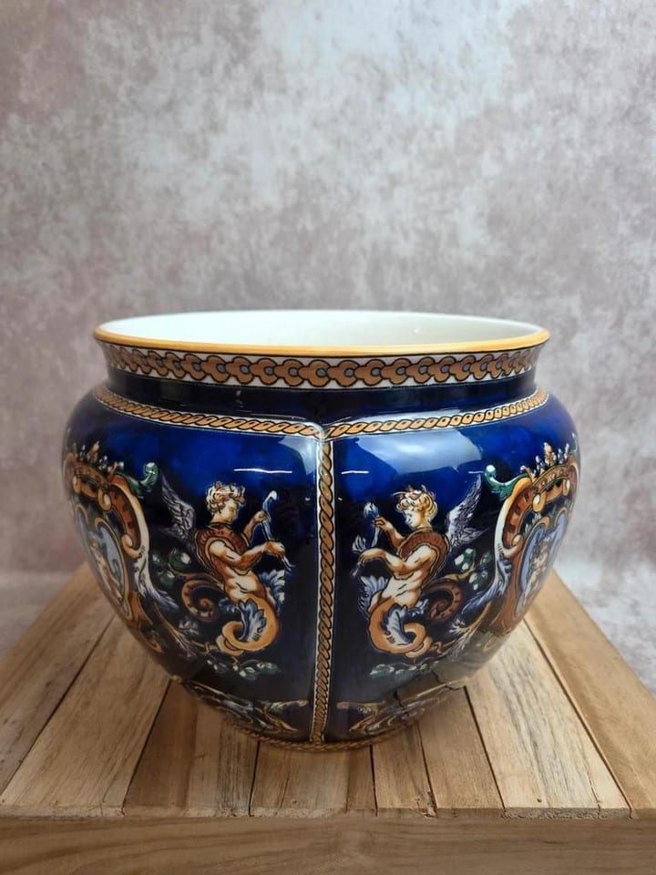 Grand cache-pot Gien Renaissance fond bleu décoré à la main vintage — photo 2