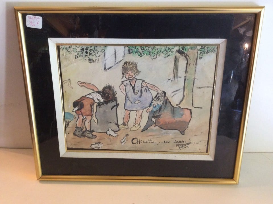 tableau avec aquarelle scene de rue avec enfants  vers année 50