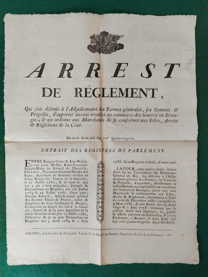 PLACARD 1786 Ephemera Rennes Arrêt de règlement concernant le commerce du beurre — photo 2