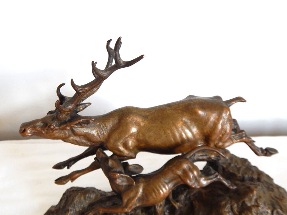 ANCIENNE SCULPTURE BRONZE Cerf avec Chien de Chasse Signée J MOIG Jules Moigniez — photo 4