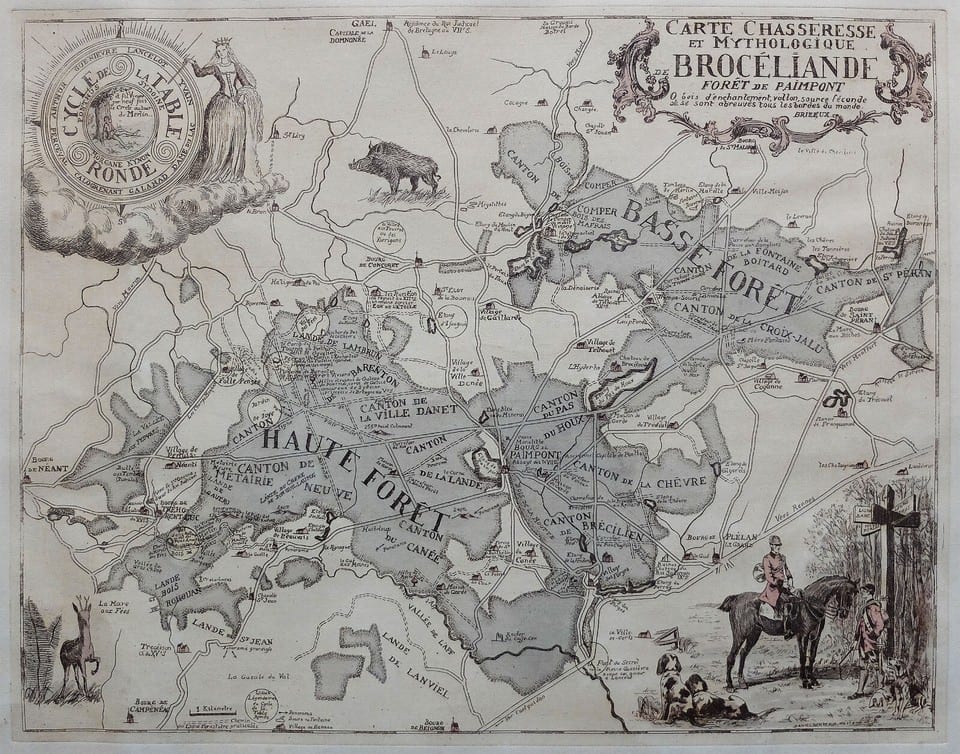 CARTE CHASSERESSE ET MYHTOLOGIQUE DE BROCÉLIANDE Daniel Derveaux 1948 Paimpont