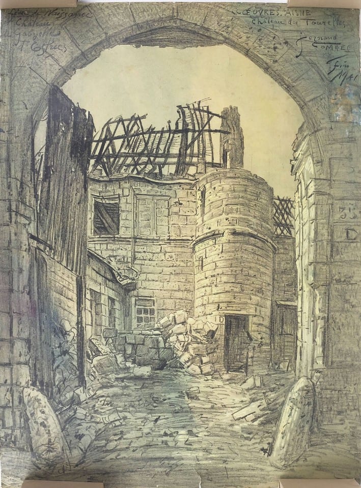 FERNAND COMBES Dessin original RUINES DU CHÂTEAU DE COEUVRES Gabrielle d'Estrées