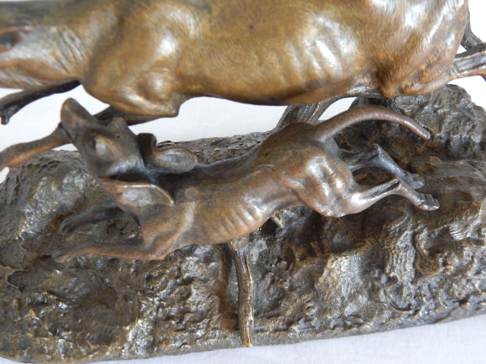 ANCIENNE SCULPTURE BRONZE Cerf avec Chien de Chasse Signée J MOIG Jules Moigniez — photo 3