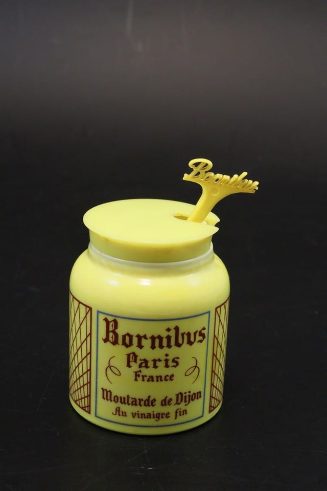 Pot à moutarde de Dijon Bornibus Paris opaline jaune Opalex couvercle cuillère