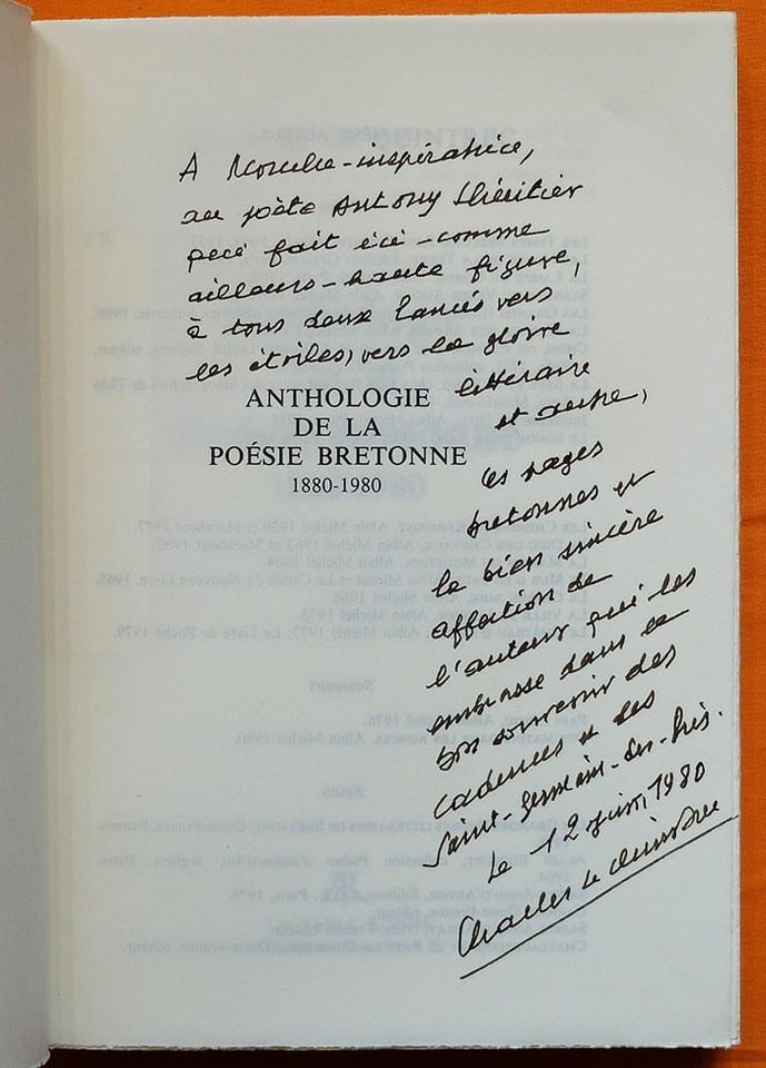 Livre Charles Le Quintrec ANTHOLOGIE DE LA POÉSIE BRETONNE 1880-1980 envoi signé — photo 2