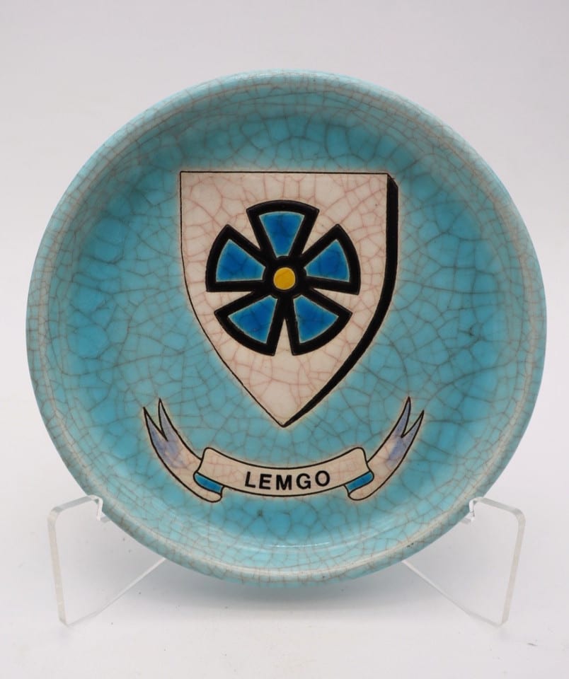 coupelle faïence émaux Longwy Récollets blason Lemgo Allemagne bleu turquoise