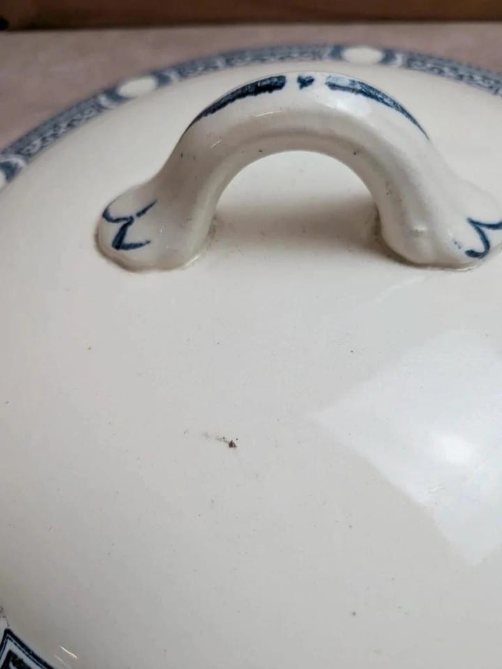 Soupière ancienne en terre de fer Salins – Modèle Saïda – Décor bleu — photo 3