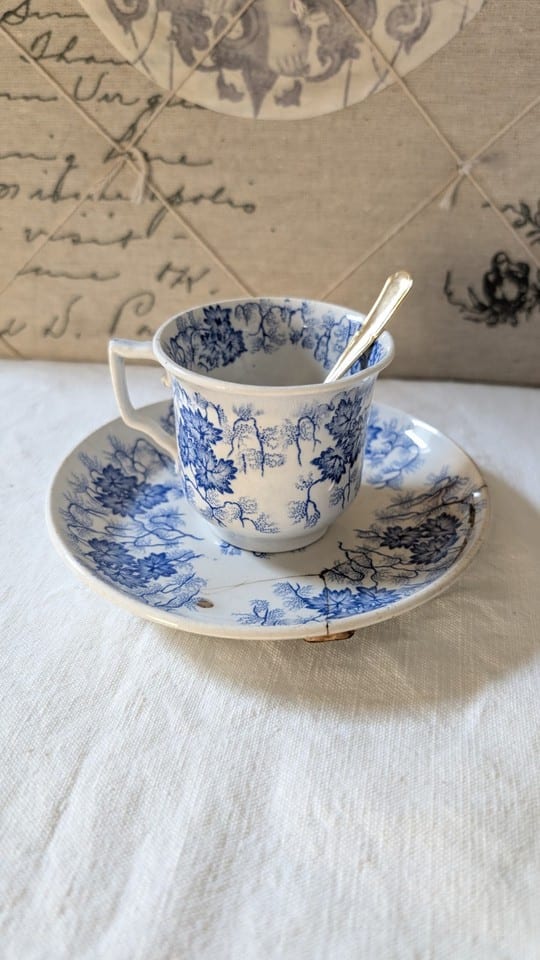 Tasse et soucoupe en terre de fer- décor bleu floral-  modèle Flora Lichen
