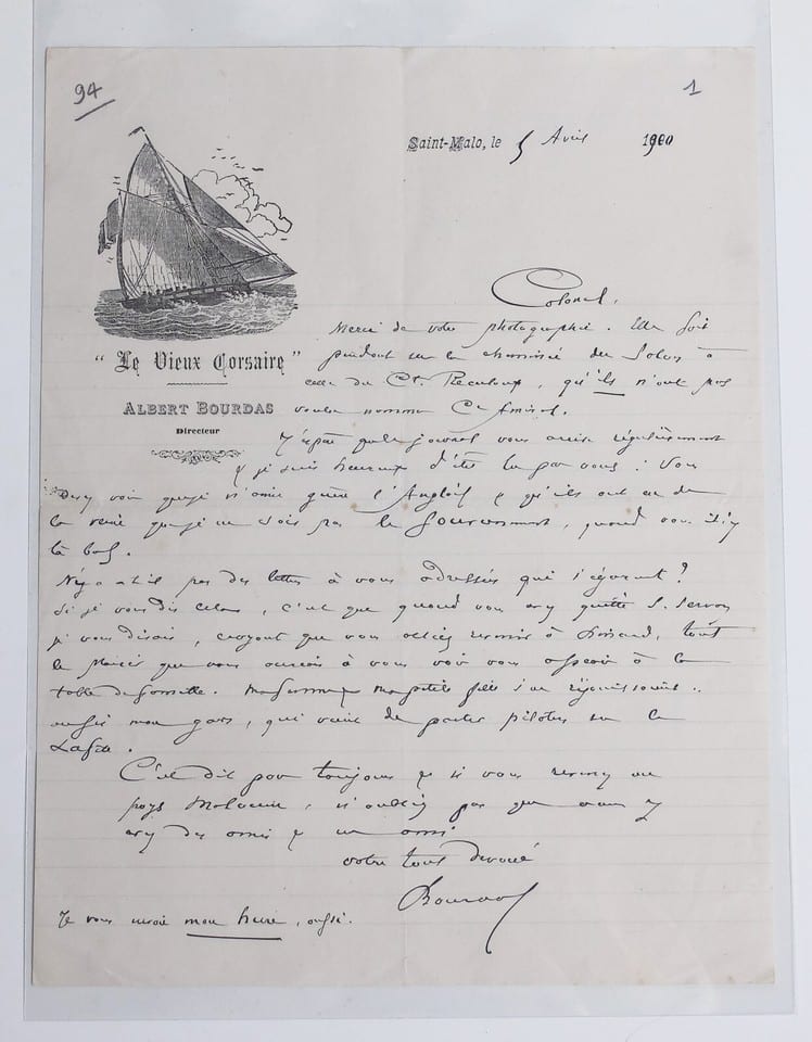 Lettre autographe signée ALBERT BOURDAS Saint-Malo 1900 Le Vieux Corsaire