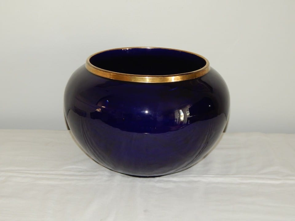 ANCIEN Grand CACHE POT Bleu Cobalt Signé Moulin des Loups Hamage France — photo 4