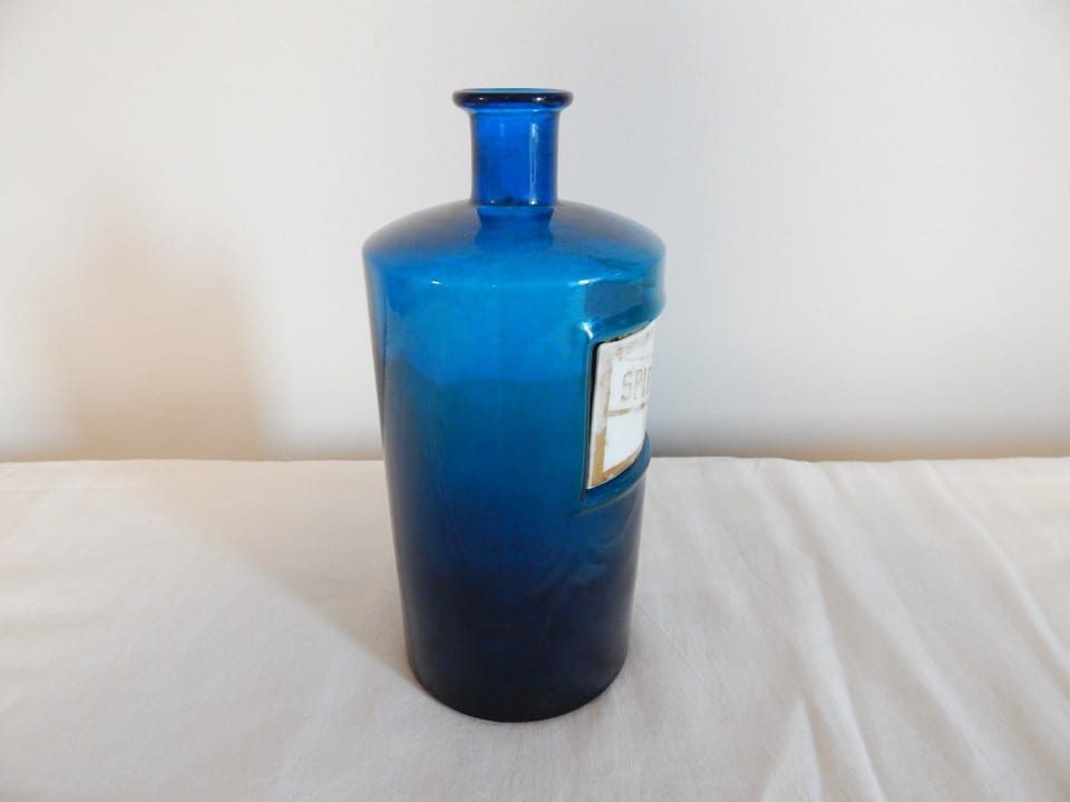 ANCIENNE BOUTEILLE FLACON de PHARMACIE Verre Bleu Porcelaine SPIRIT : METHYL : — photo 3