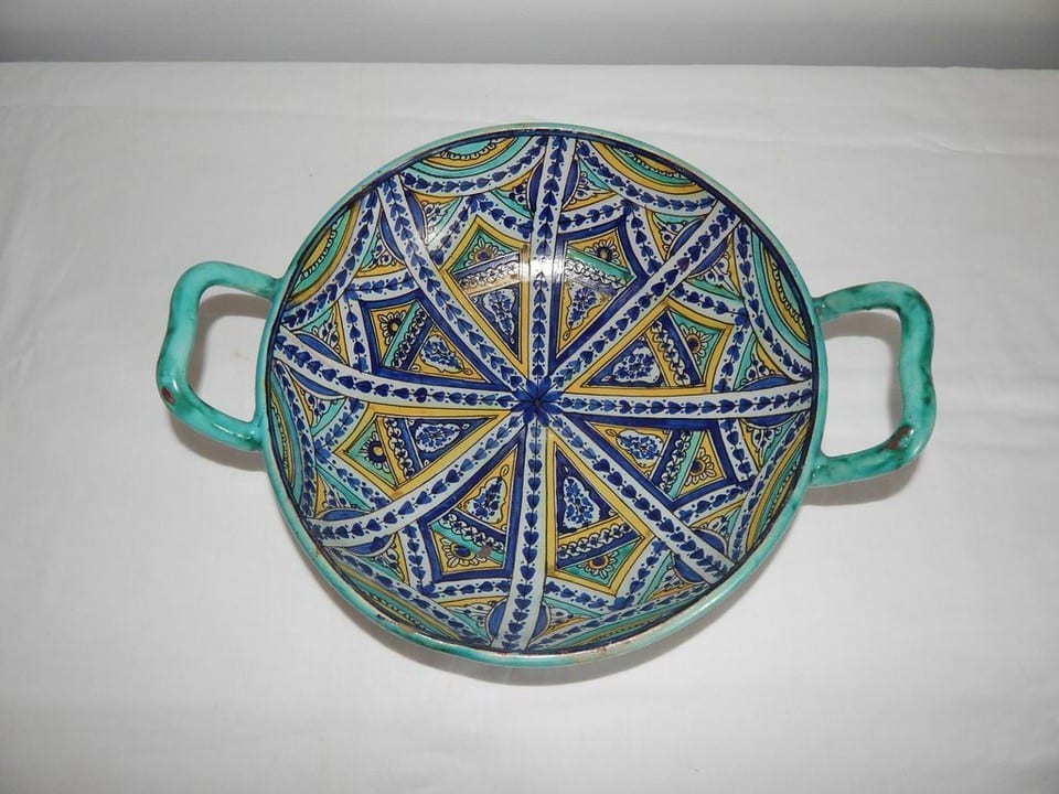 ANCIEN RARE Plat à 2 Anses Faïence Polychrome MAROC Safi Nabeul MOKHFIA GHOTA ? — photo 6