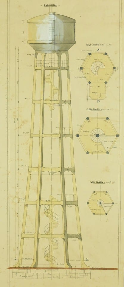 Architecture, Réservoir sur tour en béton armé Brienne-le-Château 1927 Munitions