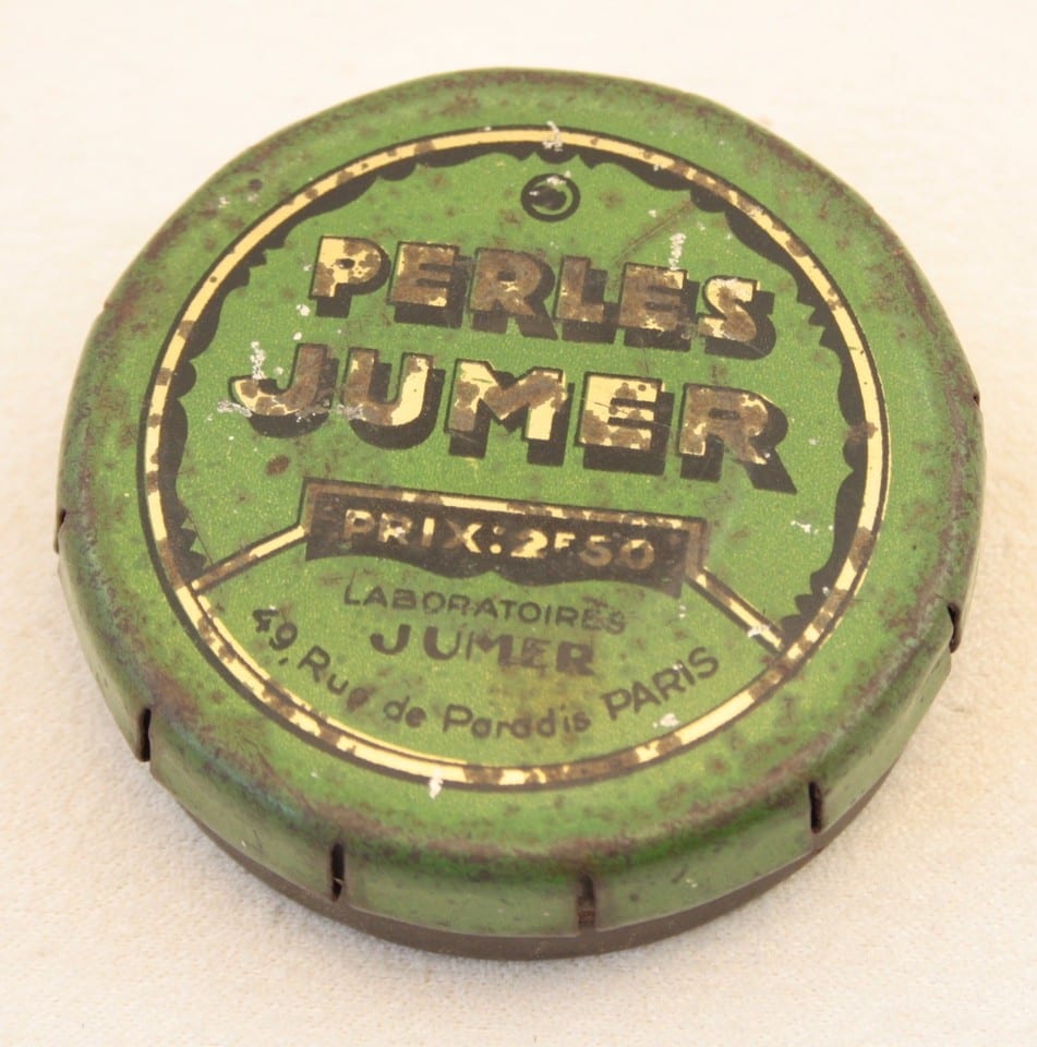 Boite ancienne tôle old tin box Perles Jumer système clic-clac