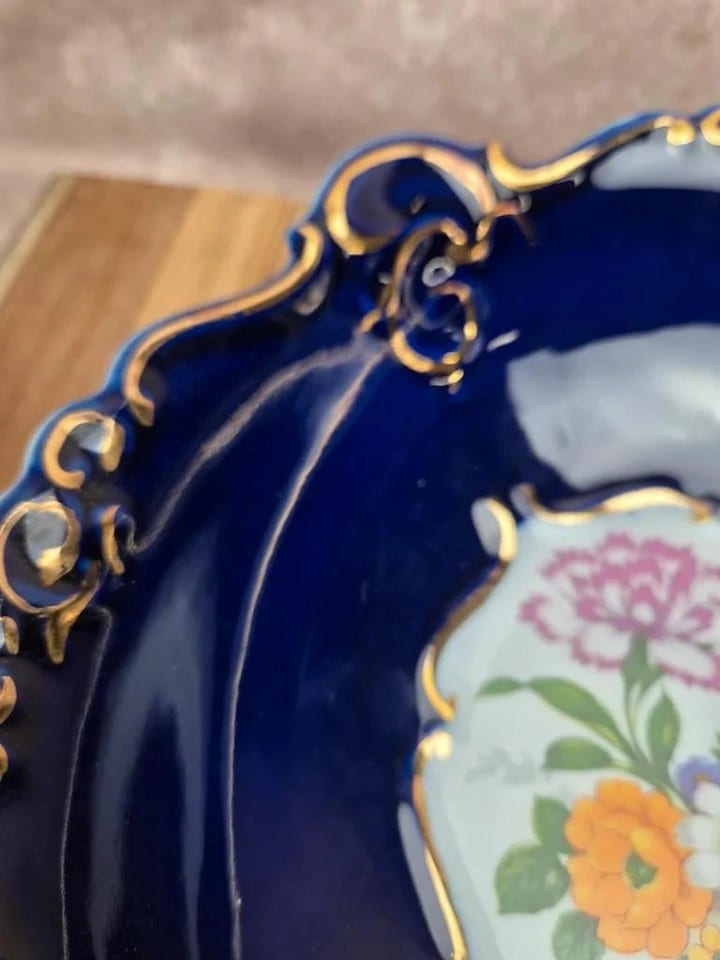 Saladier vintage en porcelaine Porfin Cluj-napoca – bleu cobalt et doré — photo 5