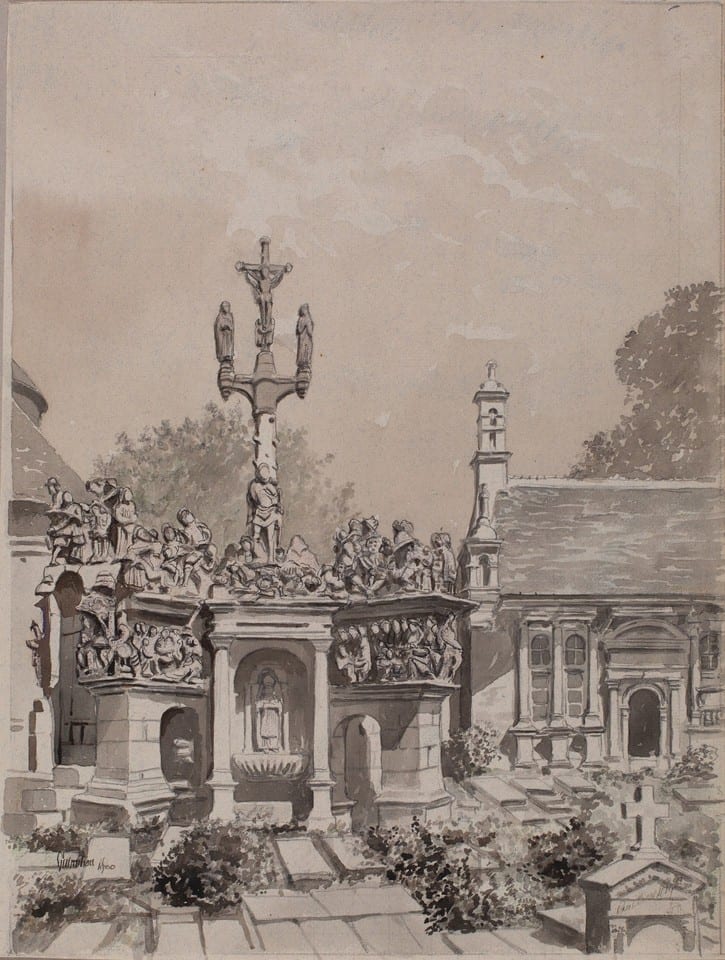 CALVAIRE DE GUIMILIAU 2 DESSINS ORIGINAUX 1900 Finistère enclos église ossuaire — photo 3