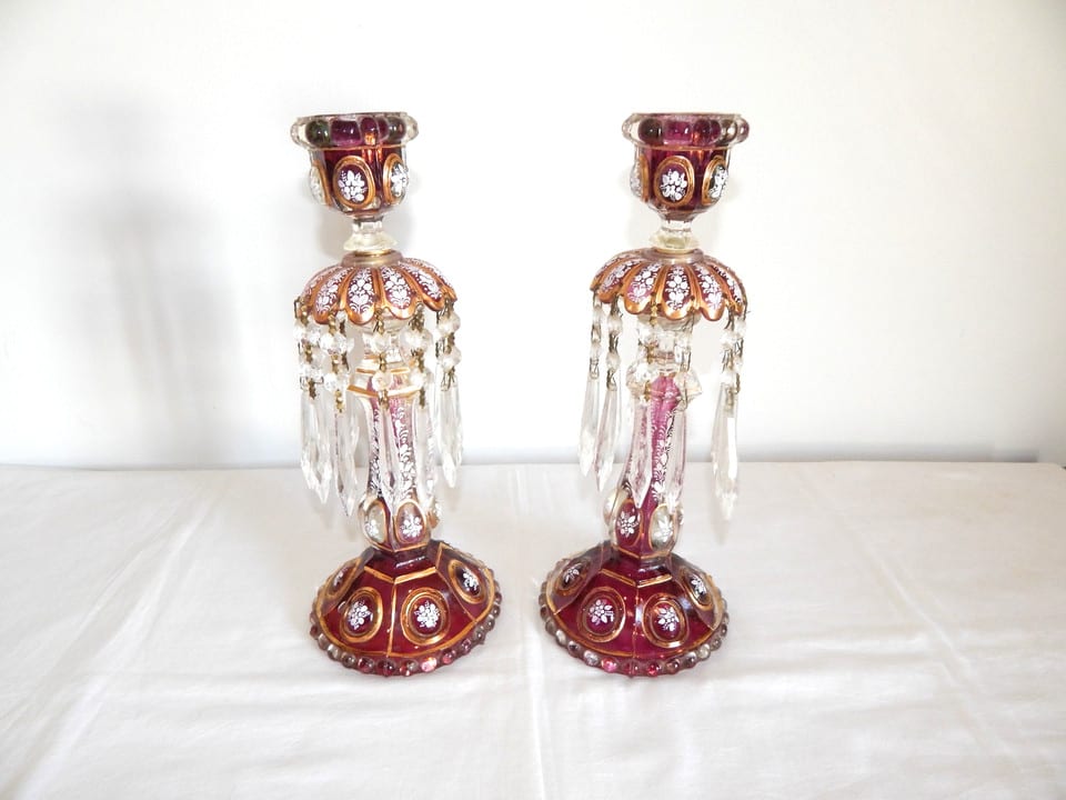 ANCIENNE Paire de BOUGEOIRS Girandoles en CRISTAL de BACCARAT