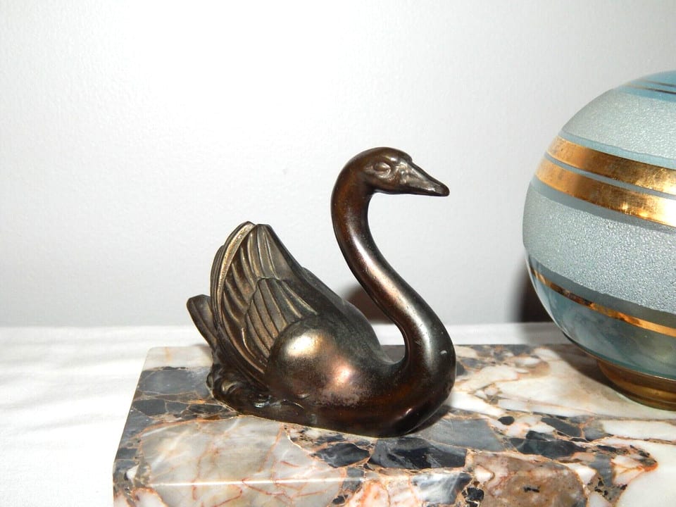 ANCIENNE Lampe VEILLEUSE Chevet Art Déco Décor CYGNE en Régule Socle en MARBRE — photo 7