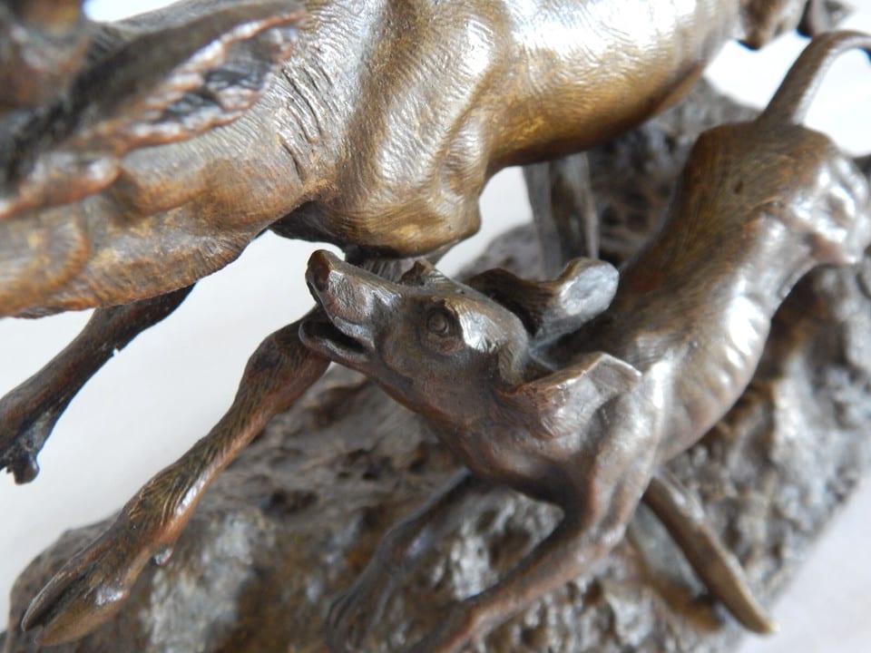 ANCIENNE SCULPTURE BRONZE Cerf avec Chien de Chasse Signée J MOIG Jules Moigniez — photo 6